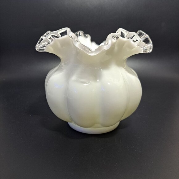 Fenton Milk Glass Melon Vase With Silver Crest Ruffled Edge - Picture 4 of 13